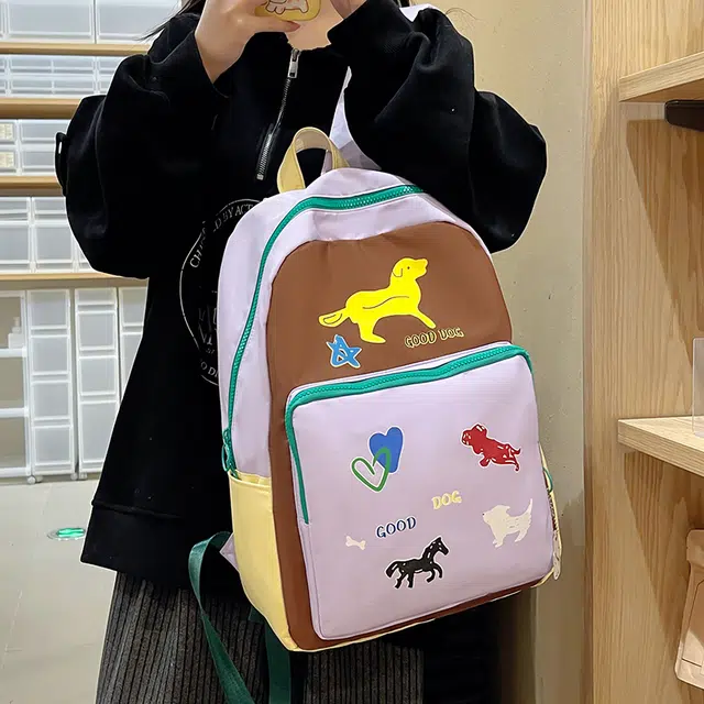 泰迪珍藏 创意可爱复古撞色卡通动物印花 尼龙 书包背包双肩包 女款 紫色/咖啡色