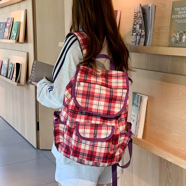 泰迪珍藏 软妹学院风格子复古翻盖双背包休闲通勤学生高中书包大容量旅游 尼龙 双肩包 女款 红色/卡其色