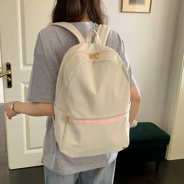 泰迪珍藏 韩系大容量通勤百搭简约旅行 塔丝隆 双肩包 常规 女款 米白色/粉色