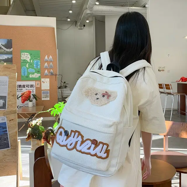 泰迪珍藏 日系复古百搭可爱小狗 灯芯绒 双肩包 常规 女款 白色/黑色