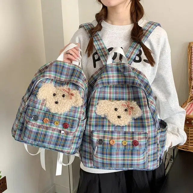 泰迪珍藏 韩系可爱大容量大学生可爱百搭通用背包初高中学生包 复合布 双肩包 女款 格子小狗