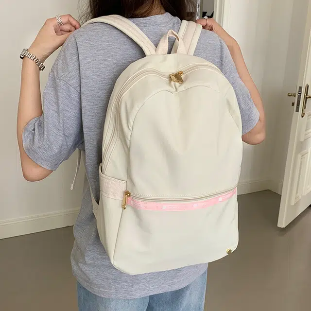 泰迪珍藏 韩系大容量通勤百搭简约旅行 塔丝隆 双肩包 常规 女款 米白色/粉色