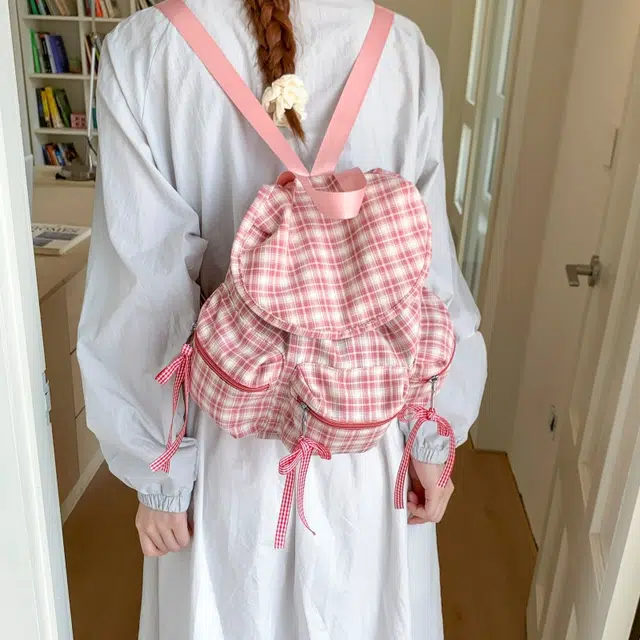 泰迪珍藏 软妹潮时尚可爱背包登山旅行 帆布 双肩包 女款 粉格子/深灰色/黑色