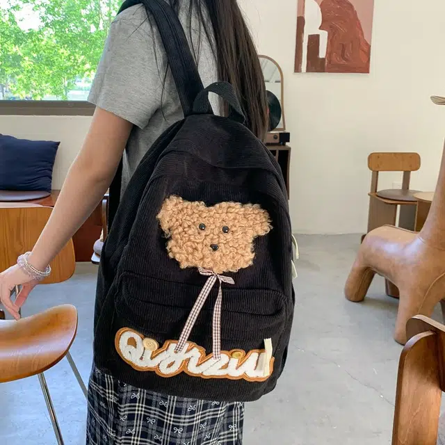 泰迪珍藏 日系复古百搭可爱小狗 灯芯绒 双肩包 常规 女款 白色/黑色