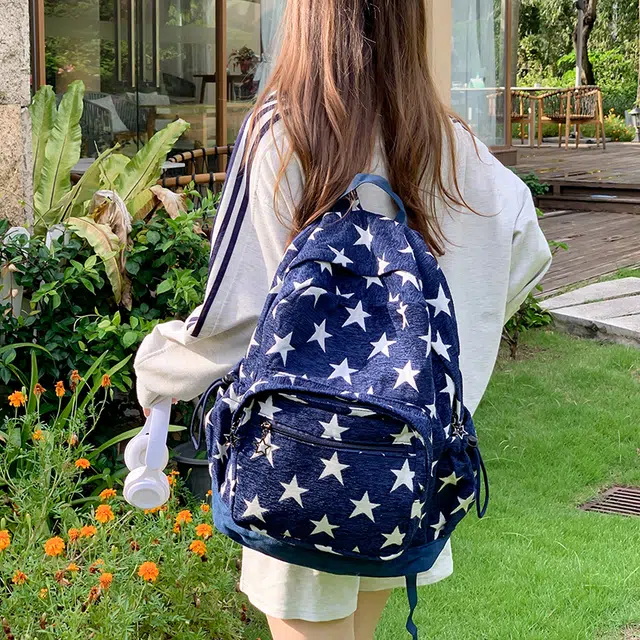 泰迪珍藏 拼接双背包满印星星牛仔条纹大容量百搭春夏通勤旅行 涤纶 双肩包 男女同款情侣款 红色/蓝色/灰色