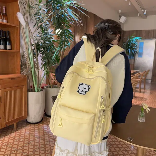 泰迪珍藏 可爱小熊高中生初中生轻便学院风 尼龙 双肩包 女款 黄色 蓝色 米白色 黑色