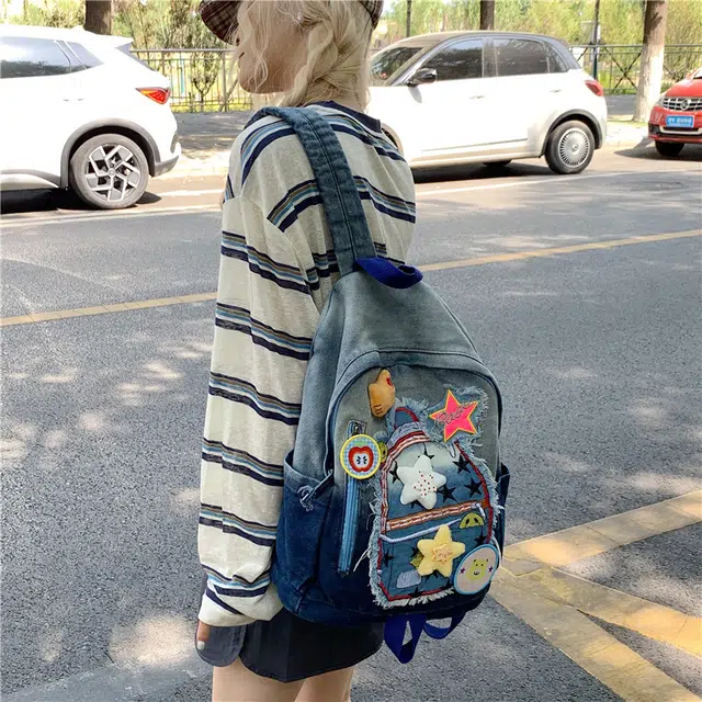 泰迪珍藏 复古甜美可爱超多星星贴百搭 牛仔布 双肩包 常规 女款 蓝色