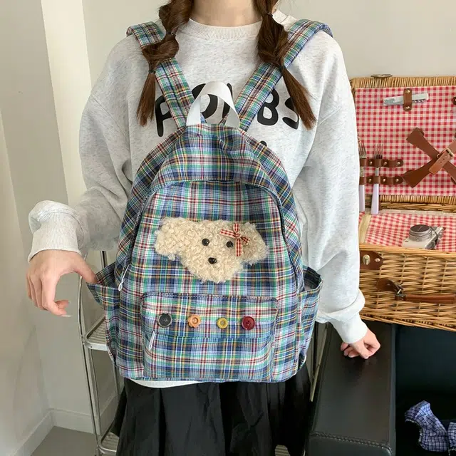 泰迪珍藏 韩系可爱大容量大学生可爱百搭通用背包初高中学生包 复合布 双肩包 女款 格子小狗