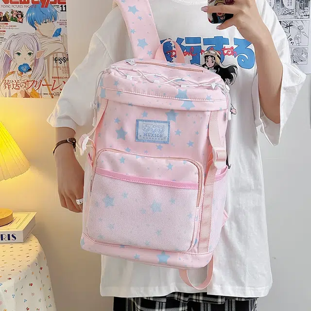 泰迪珍藏 高颜值可爱少女背包小众星星设计感大容量初中校园旅行书包 尼龙 双肩包 女款 粉色/黄色/米白色/黑色