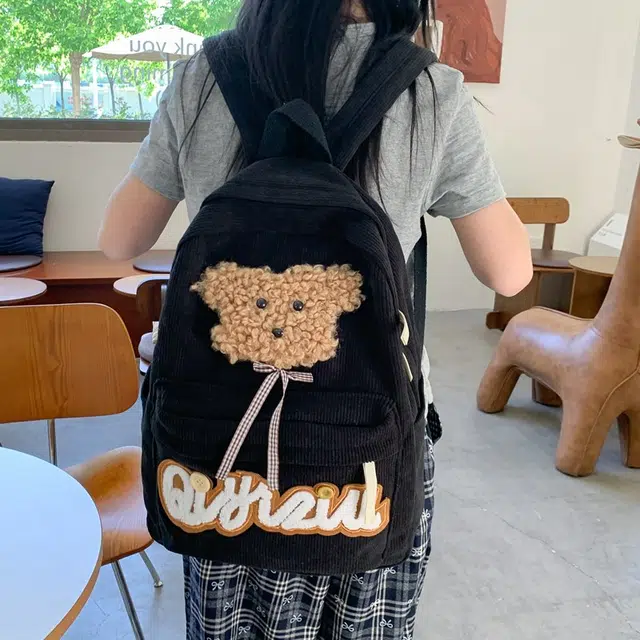 泰迪珍藏 日系复古百搭可爱小狗 灯芯绒 双肩包 常规 女款 白色/黑色