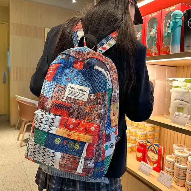 泰迪珍藏 复古拼贴撞色旅游轻便初中高中生 尼龙 双肩包 女款 民族风/花格子