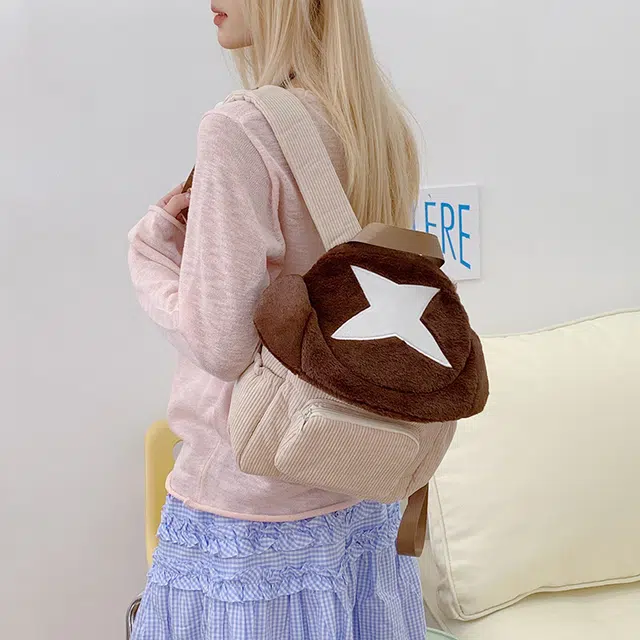 泰迪珍藏 创意搞怪毛绒蘑菇韩版潮时尚小清新 绒毛 双肩包 女款 咖啡色
