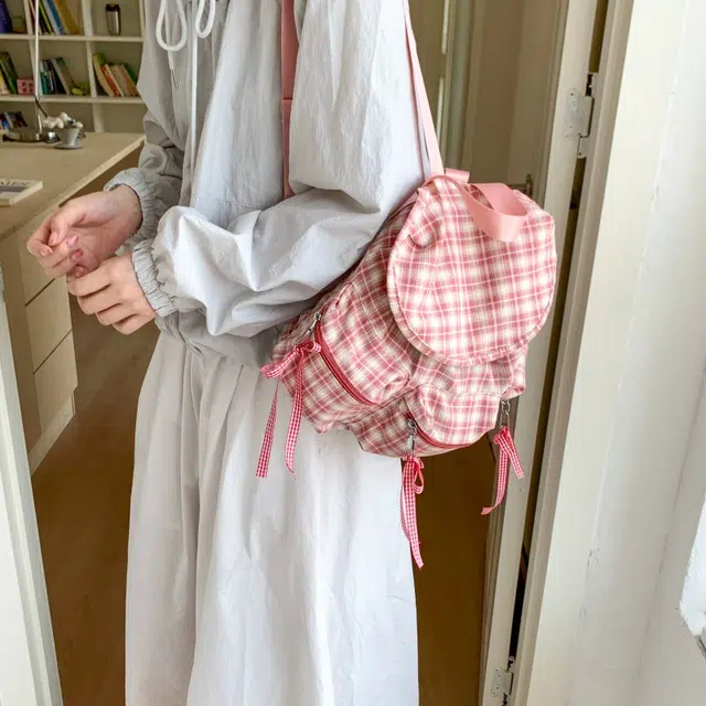 泰迪珍藏 软妹潮时尚可爱背包登山旅行 帆布 双肩包 女款 粉格子/深灰色/黑色