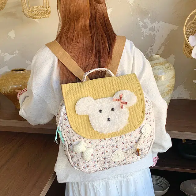 泰迪珍藏 日系碎花卡通小狗通勤 尼龙布 双肩包 常规 女款 白色