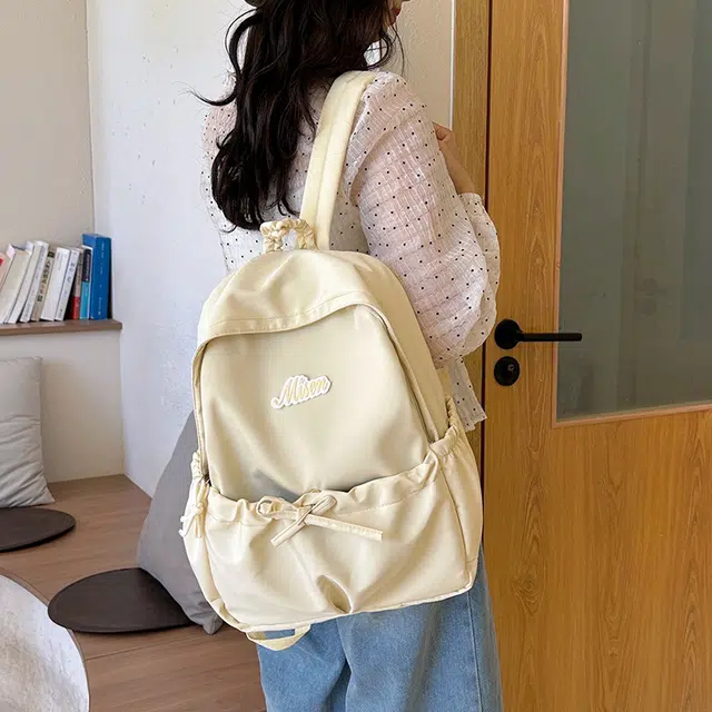 泰迪珍藏 抽绳设计小众休闲皱褶中大学生百搭书包旅游大容量背包 尼龙 双肩包 女款 黄色/天蓝色/粉红色/白色/黑色
