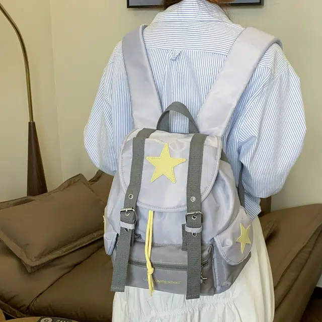 泰迪珍藏 潮酷拼色韩系小众设计星星百搭休闲旅行背包学生书包 复合布 双肩包 女款 浅灰色/红色