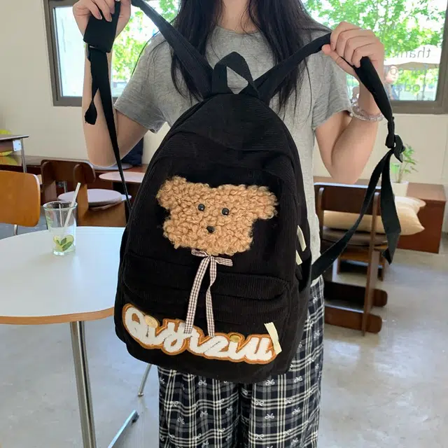 泰迪珍藏 日系复古百搭可爱小狗 灯芯绒 双肩包 常规 女款 白色/黑色