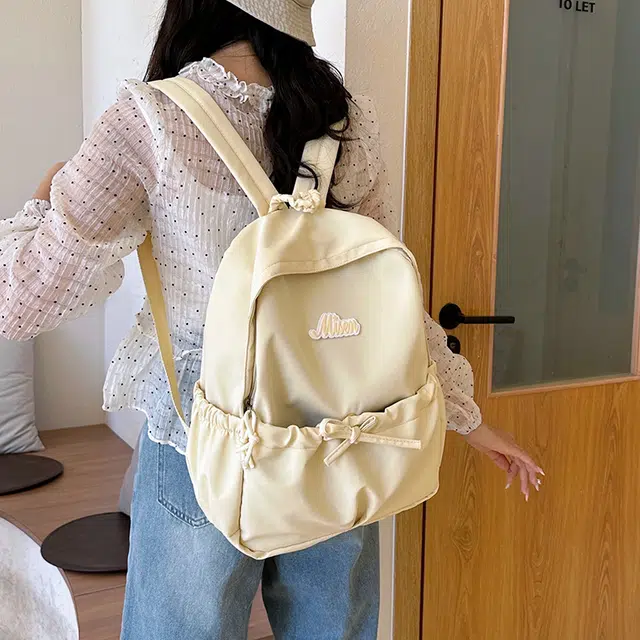 泰迪珍藏 抽绳设计小众休闲皱褶中大学生百搭书包旅游大容量背包 尼龙 双肩包 女款 黄色/天蓝色/粉红色/白色/黑色
