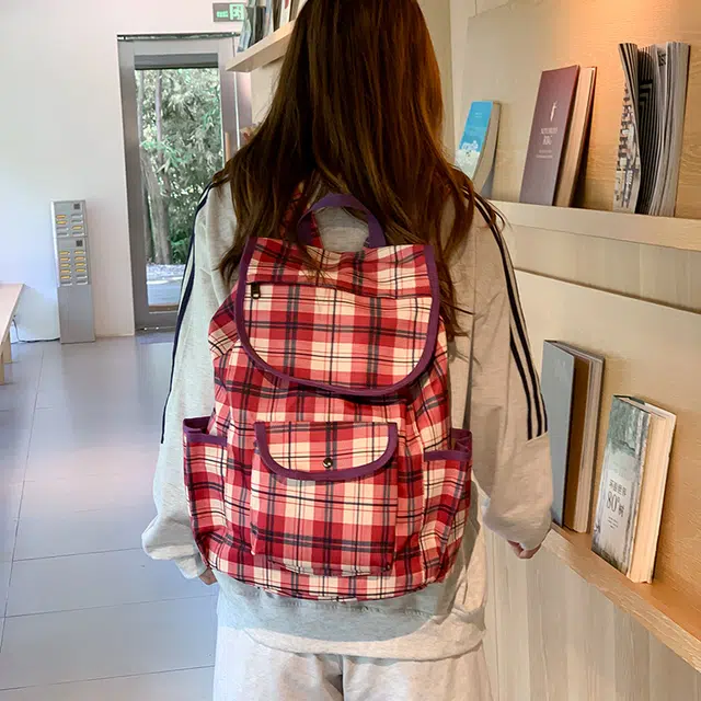 泰迪珍藏 软妹学院风格子复古翻盖双背包休闲通勤学生高中书包大容量旅游 尼龙 双肩包 女款 红色/卡其色
