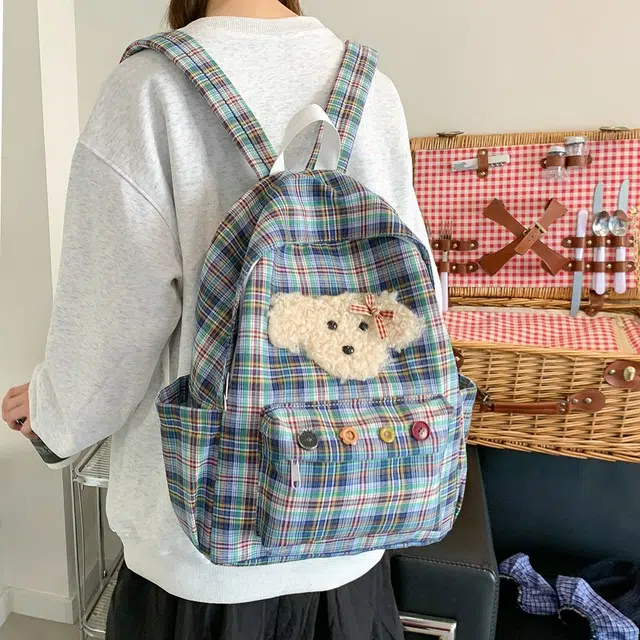 泰迪珍藏 韩系可爱大容量大学生可爱百搭通用背包初高中学生包 复合布 双肩包 女款 格子小狗