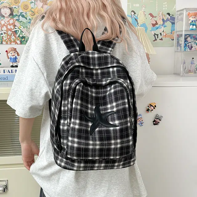 泰迪珍藏 小众复古格子海星大容量轻便 尼龙 双肩包 女款 黑色