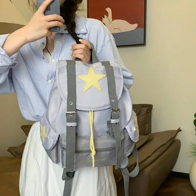 泰迪珍藏 潮酷拼色韩系小众设计星星百搭休闲旅行背包学生书包 复合布 双肩包 女款 浅灰色/红色