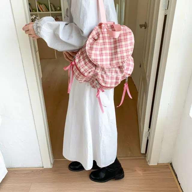 泰迪珍藏 软妹潮时尚可爱背包登山旅行 帆布 双肩包 女款 粉格子/深灰色/黑色