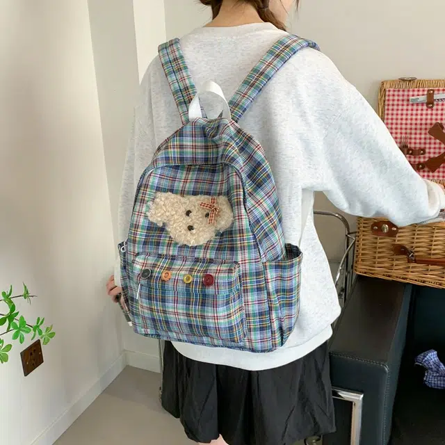 泰迪珍藏 韩系可爱大容量大学生可爱百搭通用背包初高中学生包 复合布 双肩包 女款 格子小狗