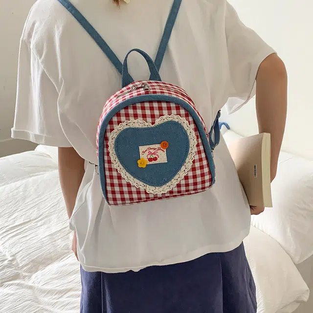 泰迪珍藏 百搭格子小众可爱出游 帆布 双肩包 女款 红色