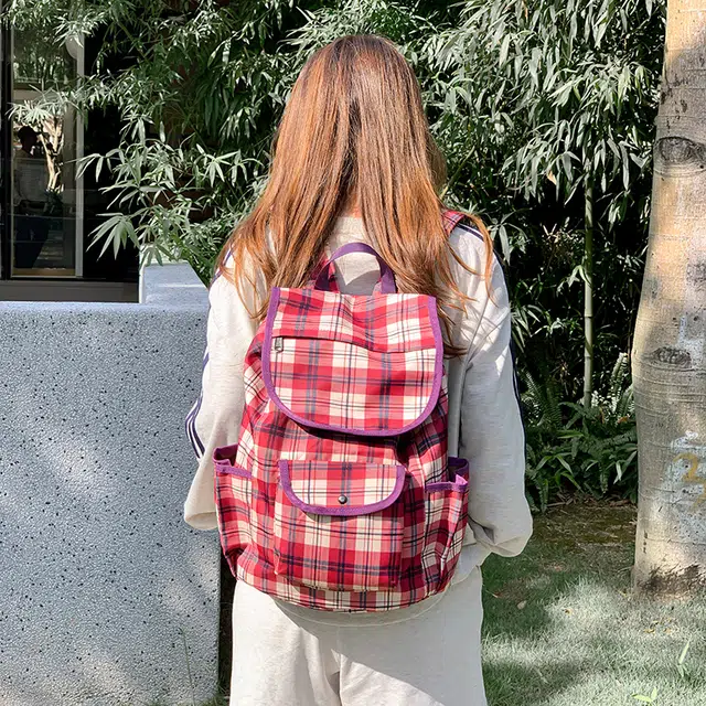 泰迪珍藏 软妹学院风格子复古翻盖双背包休闲通勤学生高中书包大容量旅游 尼龙 双肩包 女款 红色/卡其色