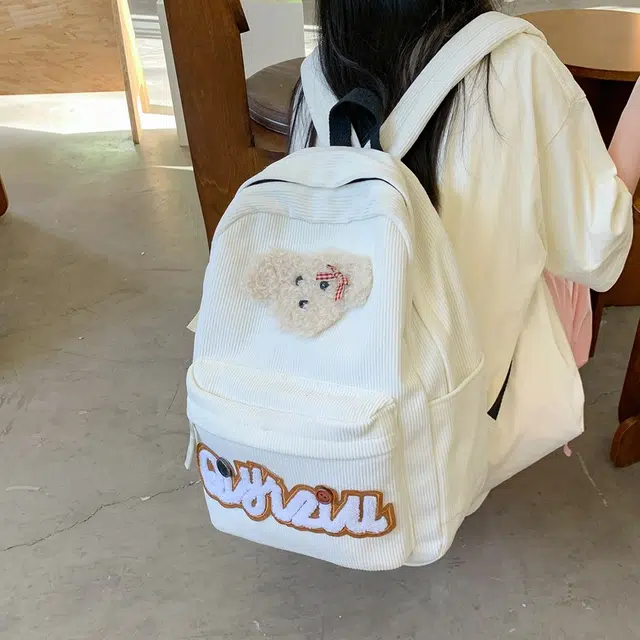 泰迪珍藏 日系复古百搭可爱小狗 灯芯绒 双肩包 常规 女款 白色/黑色