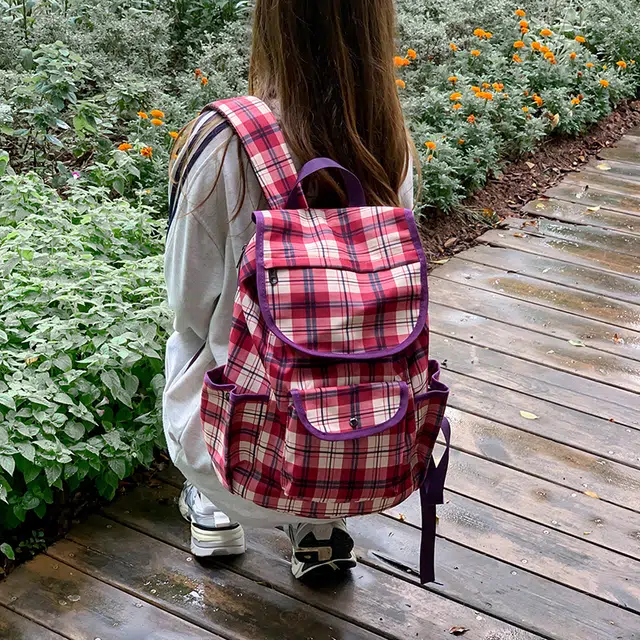 泰迪珍藏 软妹学院风格子复古翻盖双背包休闲通勤学生高中书包大容量旅游 尼龙 双肩包 女款 红色/卡其色