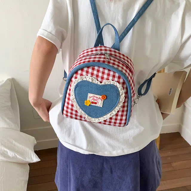 泰迪珍藏 百搭格子小众可爱出游 帆布 双肩包 女款 红色
