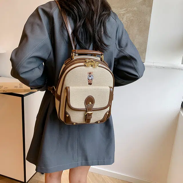 泰迪珍藏 百搭刺绣卡通小熊 帆布 双肩包 女款 棕配棕
