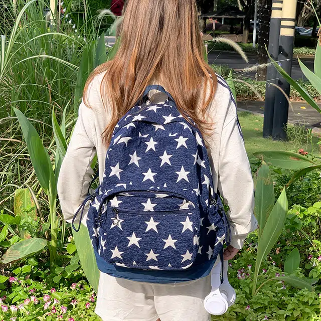泰迪珍藏 拼接双背包满印星星牛仔条纹大容量百搭春夏通勤旅行 涤纶 双肩包 男女同款情侣款 红色/蓝色/灰色