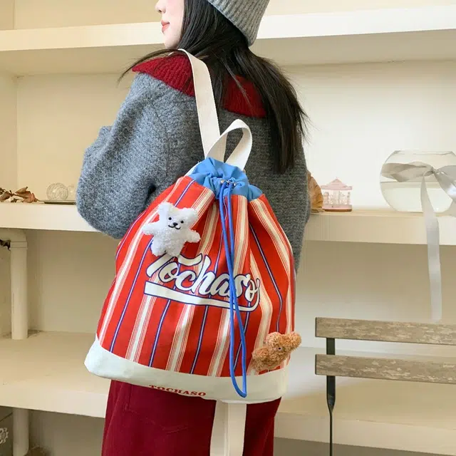 泰迪珍藏 卡通可爱抽绳条纹休闲 复合布 双肩包 常规 女款 多色