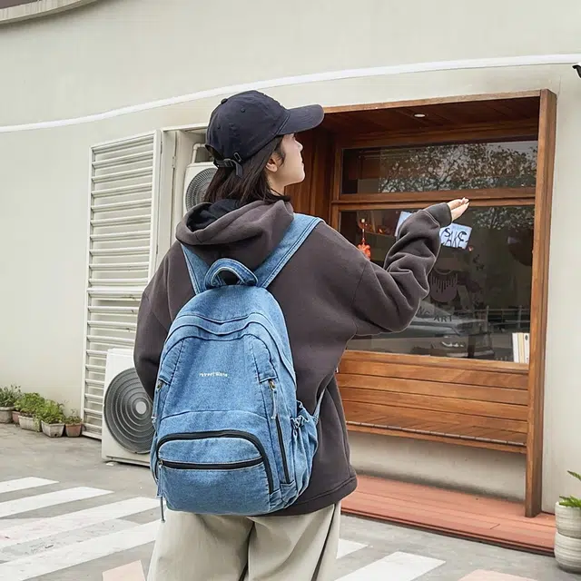 泰迪珍藏 日韩慵懒风休闲初中生校园背包高中大学生 牛仔 双肩包 女款 多色
