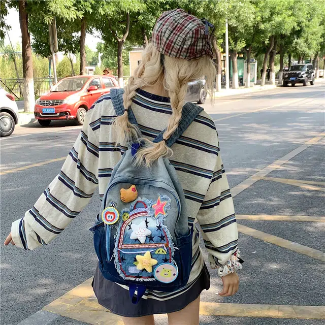 泰迪珍藏 复古甜美可爱超多星星贴百搭 牛仔布 双肩包 常规 女款 蓝色