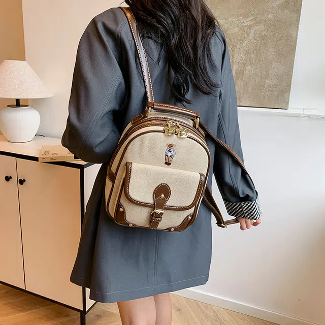 泰迪珍藏 百搭刺绣卡通小熊 帆布 双肩包 女款 棕配棕