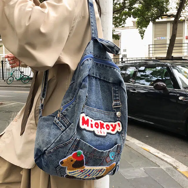泰迪珍藏 腊肠狗小众书包个性 牛仔布 双肩包 女款 粘花蓝色/粘花黑色