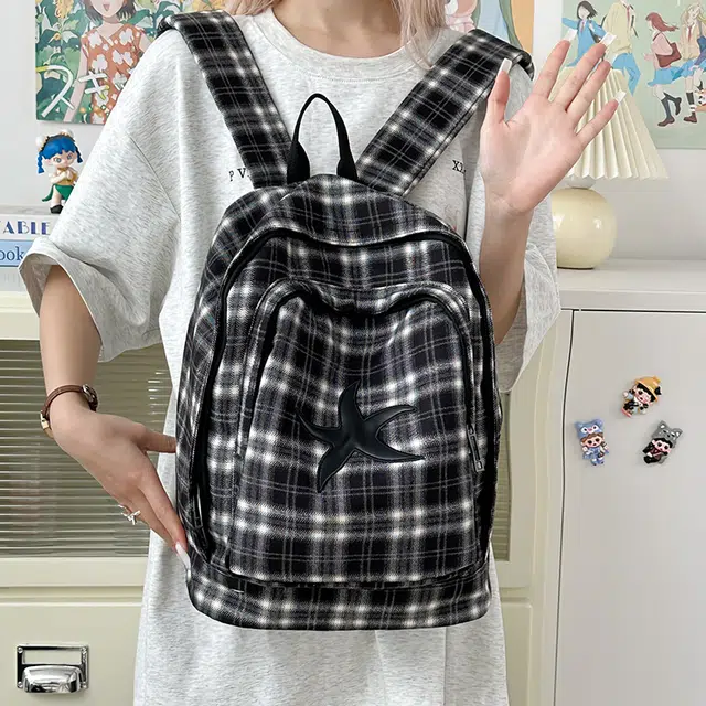 泰迪珍藏 小众复古格子海星大容量轻便 尼龙 双肩包 女款 黑色