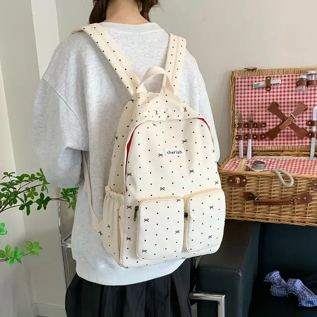 泰迪珍藏 蝴蝶结碎花轻便百搭 复合布 双肩包 女款 白色/黑色