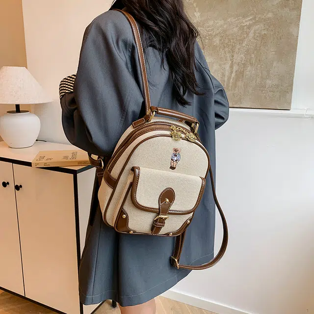泰迪珍藏 百搭刺绣卡通小熊 帆布 双肩包 女款 棕配棕