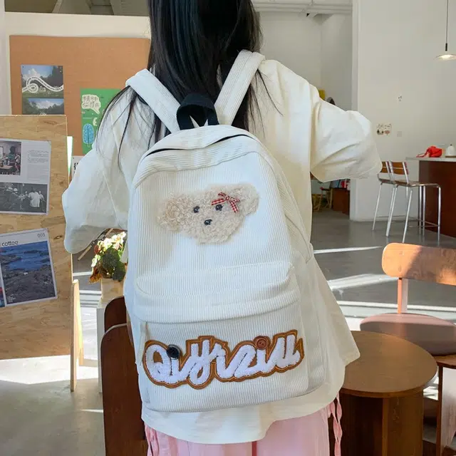 泰迪珍藏 日系复古百搭可爱小狗 灯芯绒 双肩包 常规 女款 白色/黑色
