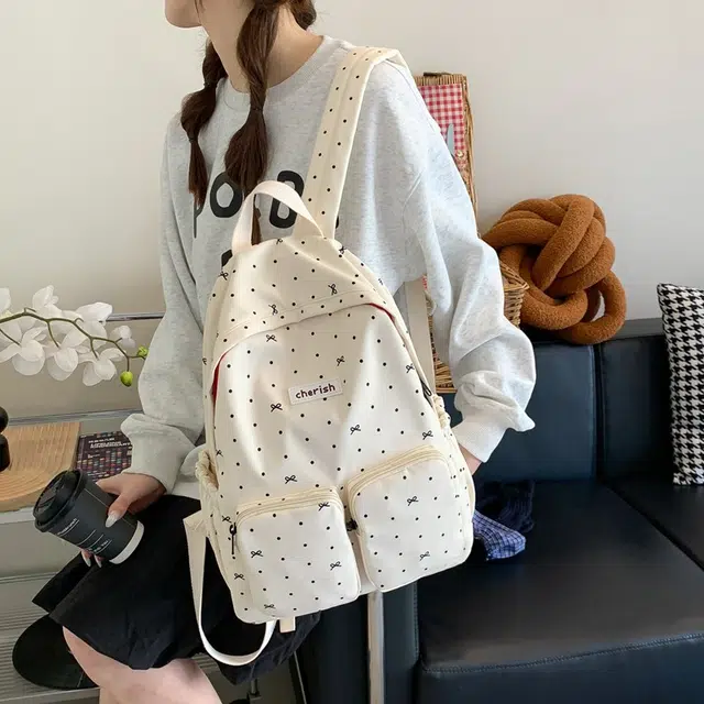 泰迪珍藏 蝴蝶结碎花轻便百搭 复合布 双肩包 女款 白色/黑色