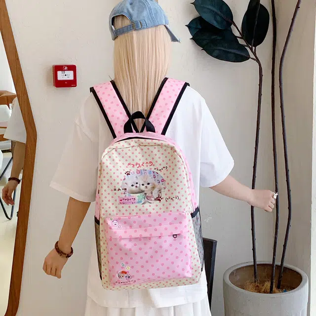 泰迪珍藏 可爱甜美时尚百搭小众 尼龙布 双肩包 女款 粉波点