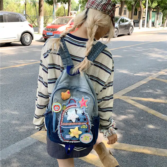 泰迪珍藏 复古甜美可爱超多星星贴百搭 牛仔布 双肩包 常规 女款 蓝色