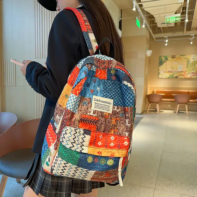 泰迪珍藏 复古拼贴撞色旅游轻便初中高中生 尼龙 双肩包 女款 民族风/花格子