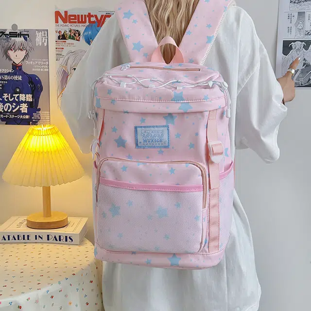 泰迪珍藏 高颜值可爱少女背包小众星星设计感大容量初中校园旅行书包 尼龙 双肩包 女款 粉色/黄色/米白色/黑色