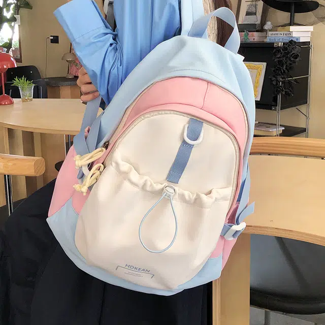 泰迪珍藏 撞色校园书包初中生高颜值设计感小众大学生韩系背包 尼龙 双肩包 女款 蓝粉色/蓝黄色/红橘色